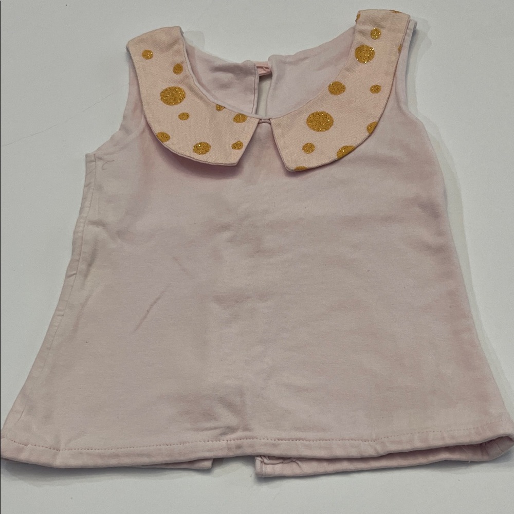 Adorable Light Pink Top with Gold Polka Dot Collar Back Button